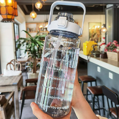 2L Large Motivational Water Bottle with Straw & Time Markers for Fitness