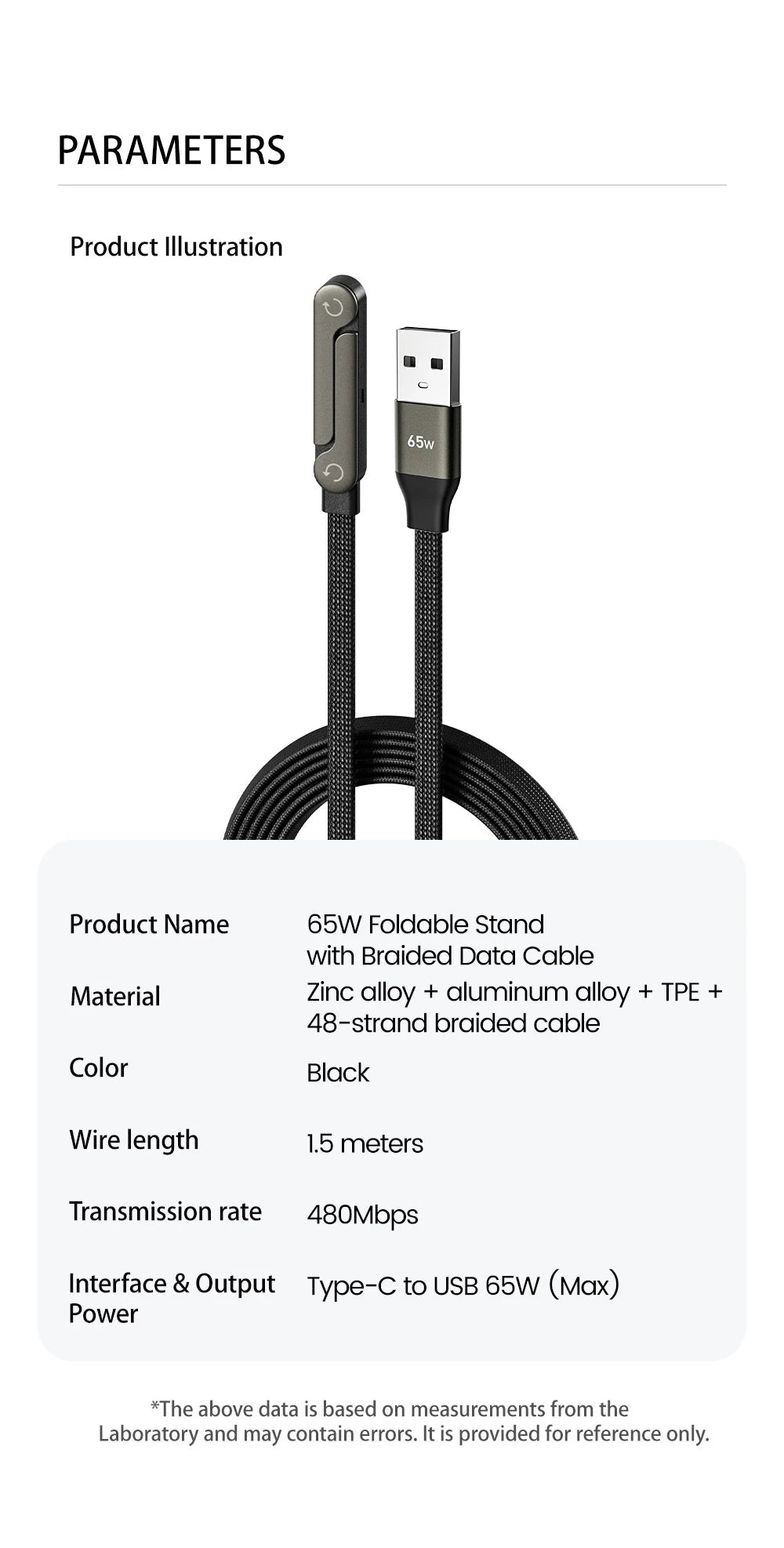 65W 2-in-1 Fast Charging Data Cable & Foldable Phone Desk Holder Stand - 15