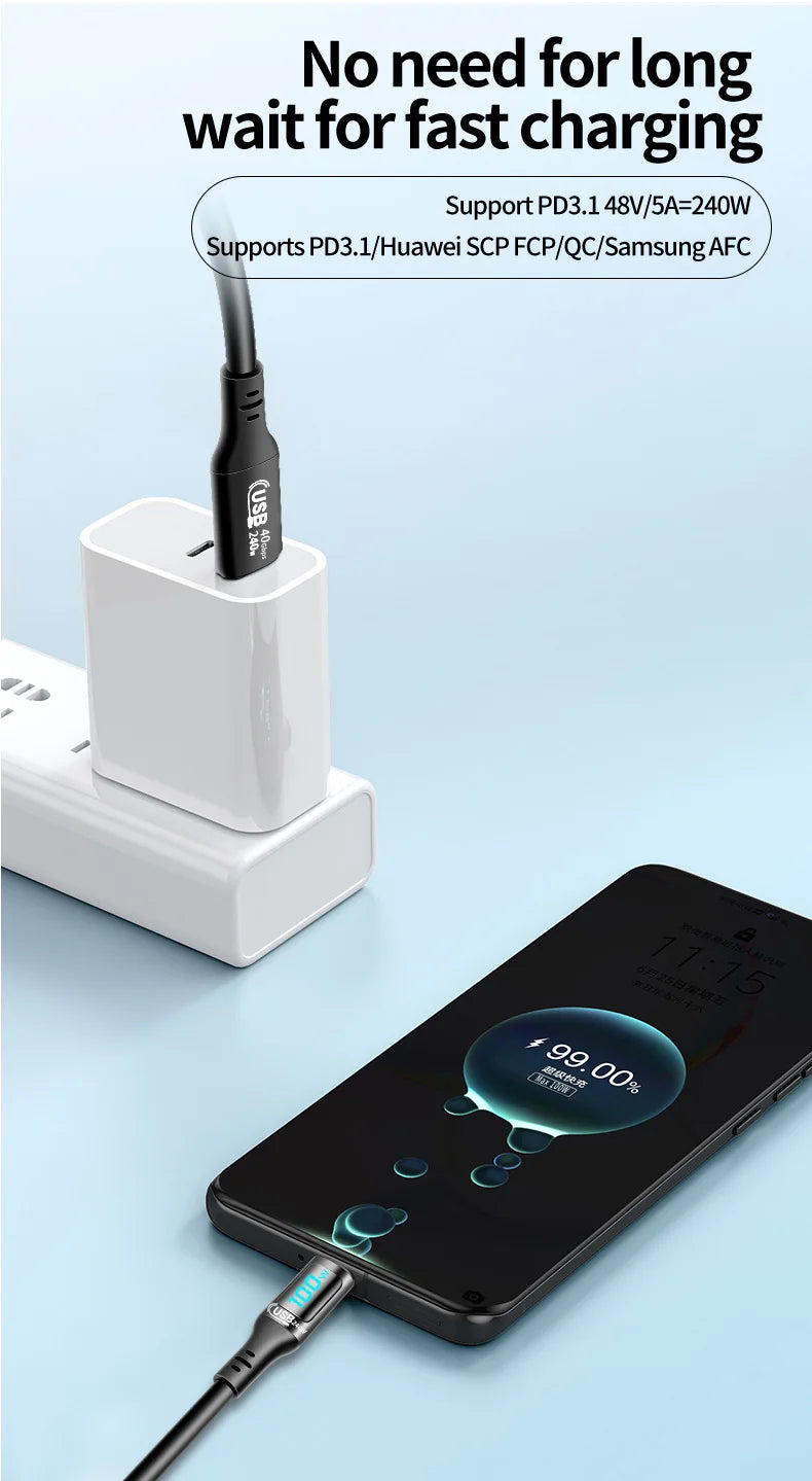 240W USB-C to USB-C Fast Charging Cable with Real-Time LED Power Display