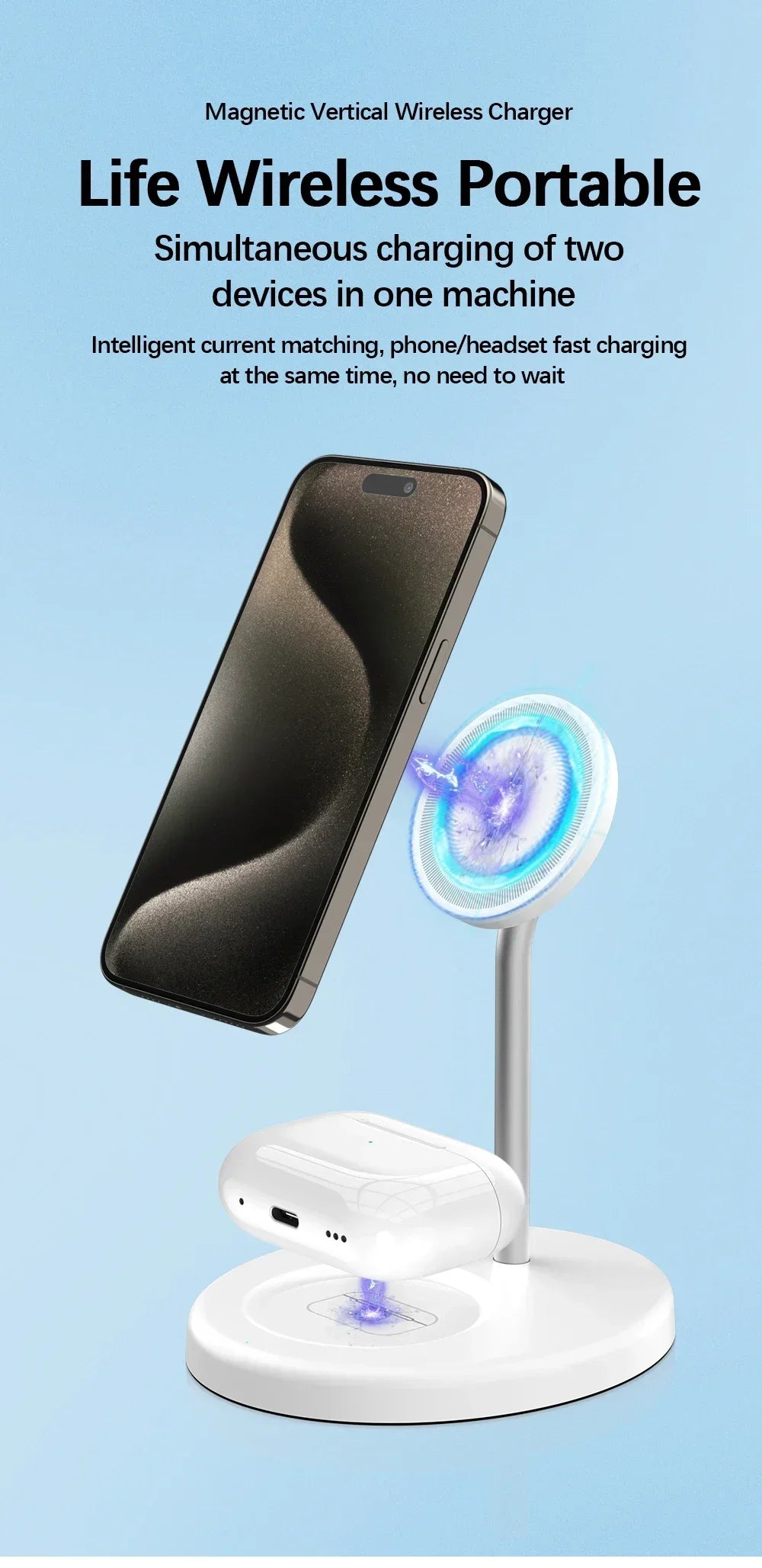 2-in-1 Magnetic Wireless Charging Stand for iPhone 16 15 14 13 12 & AirPods