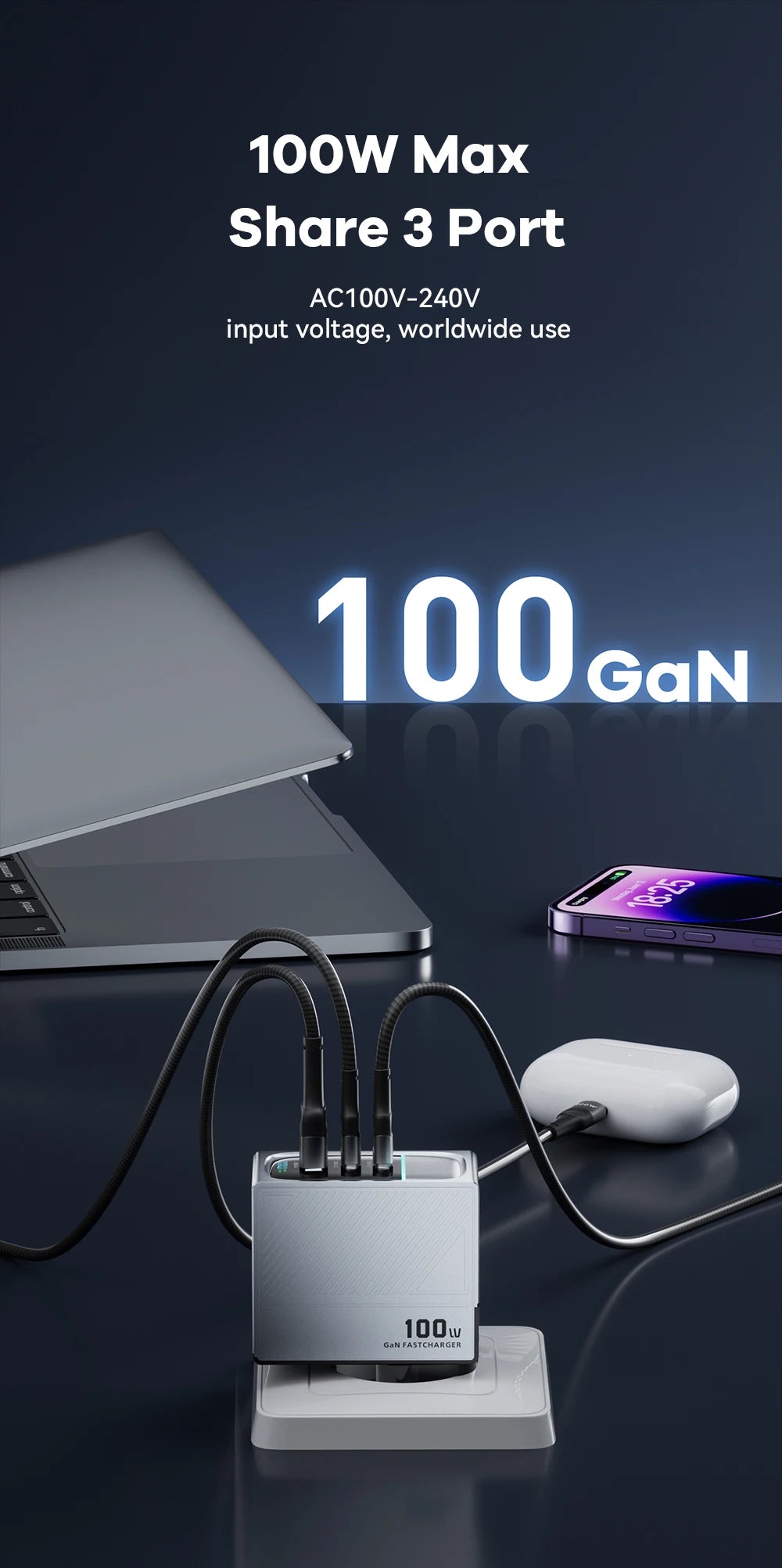 100W GaN USB-C Fast Charger - Multi-Port PD Quick Charging Adapter - 11