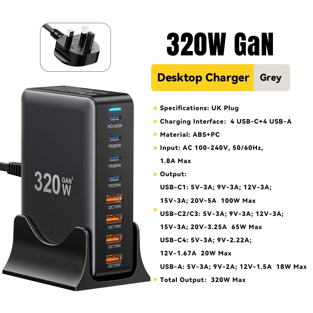 320W 8-Port GaN Desktop Charging Station - 100W PD Fast Charger for All Devices - 21
