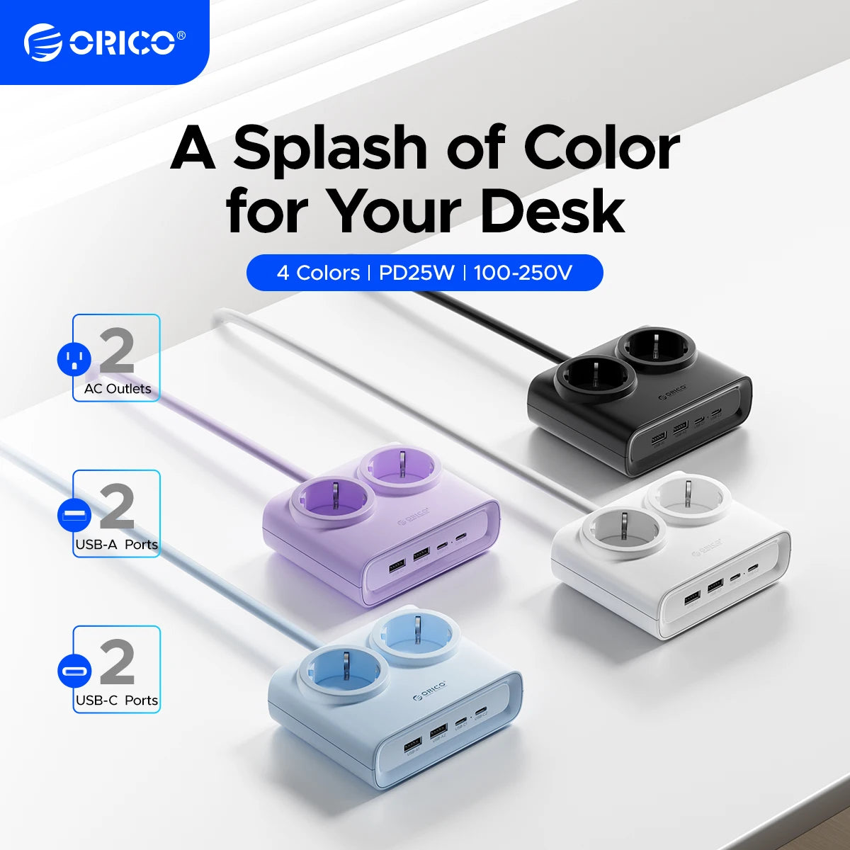 ORICO 25W GaN Desktop Power Strip - 2 AC Outlets & 4 USB Fast Charging - 1