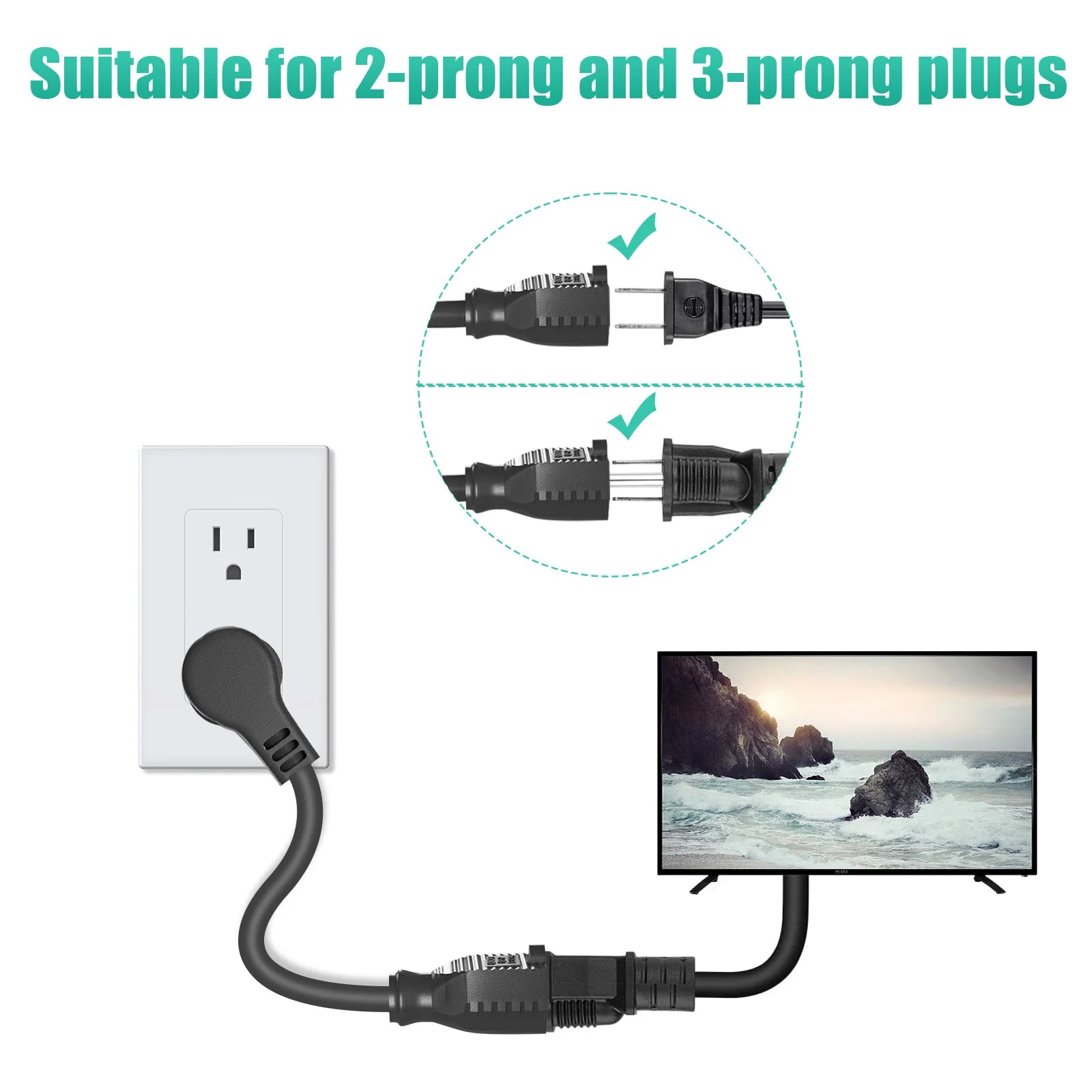 1ft Extension Cord - Low Profile Flat Plug 3-Prong Power Extension Cable - 11