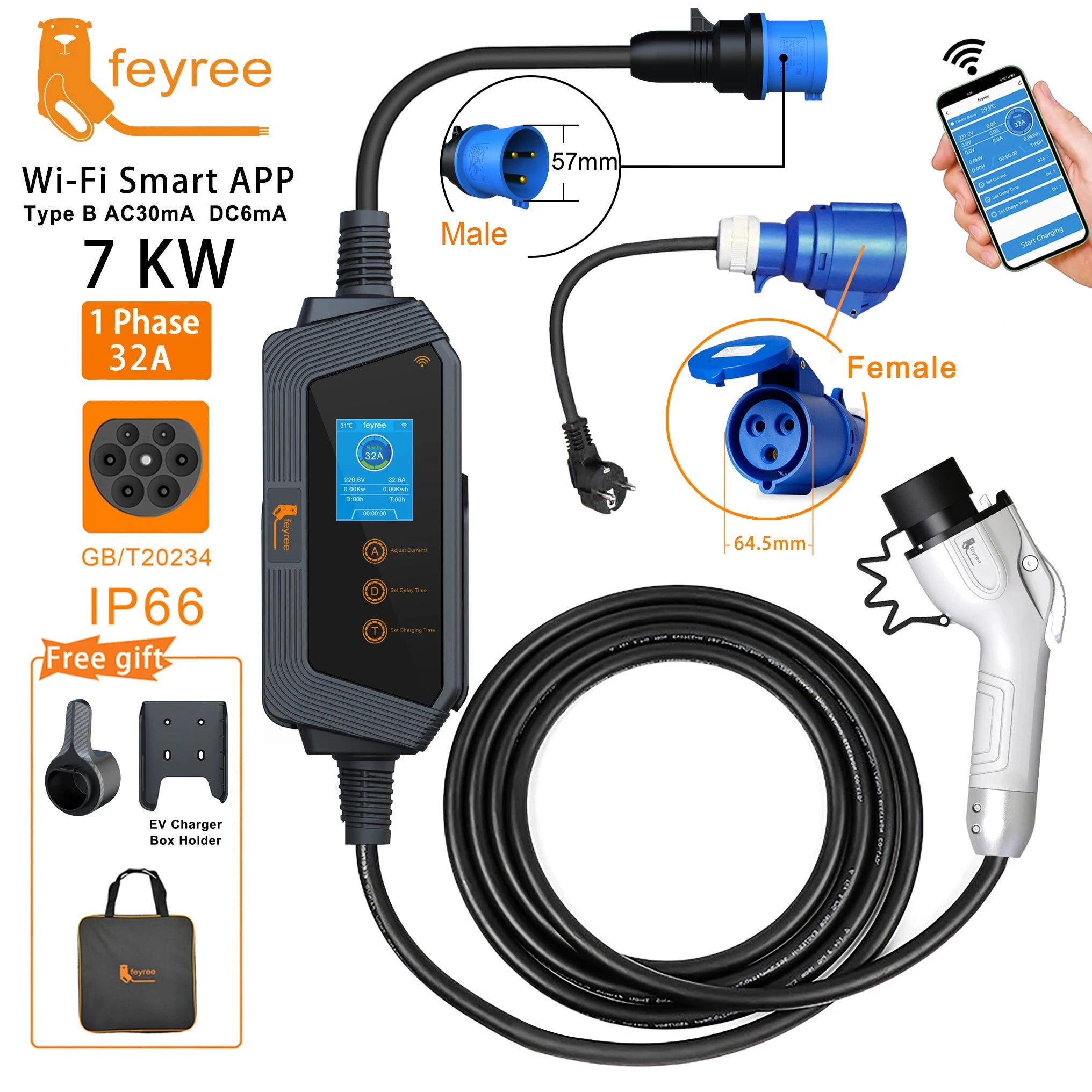 7KW Portable EV Charger with WiFi App & Adjustable Current (GBT) - 40