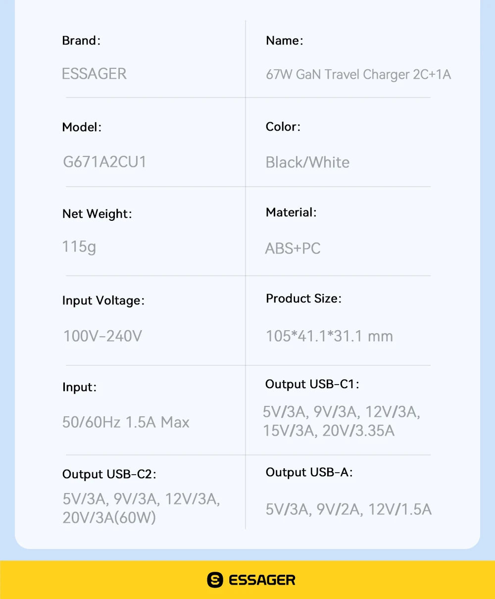 Essager 67W GaN USB-C Fast Wall Charger - Multi-Port Power Adapter