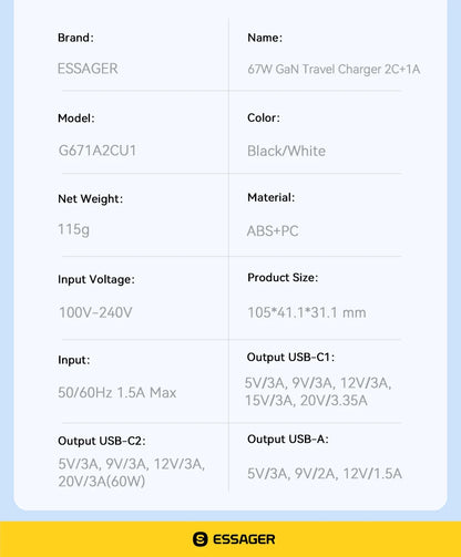 67W GaN 3-Port USB-C Fast Charger - Universal PD & QC Wall Adapter