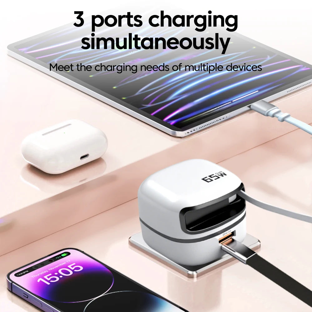 65W Fast USB-C Charger & Retractable Cable Adapter for Laptop and Phone - 2
