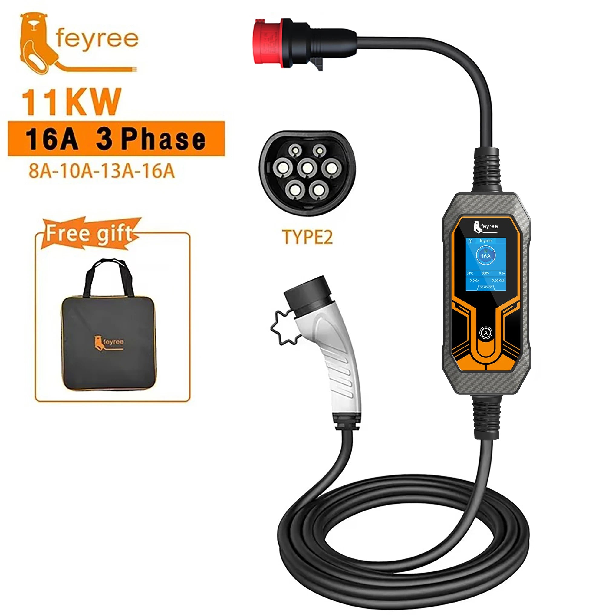 11KW Portable EV Charger Type 2 - Adjustable 16A Electric Car Charging Box - 10