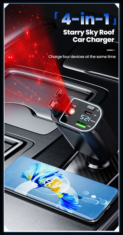 4-in-1 Retractable 100W Fast Car Charger with LED Starlight & Display