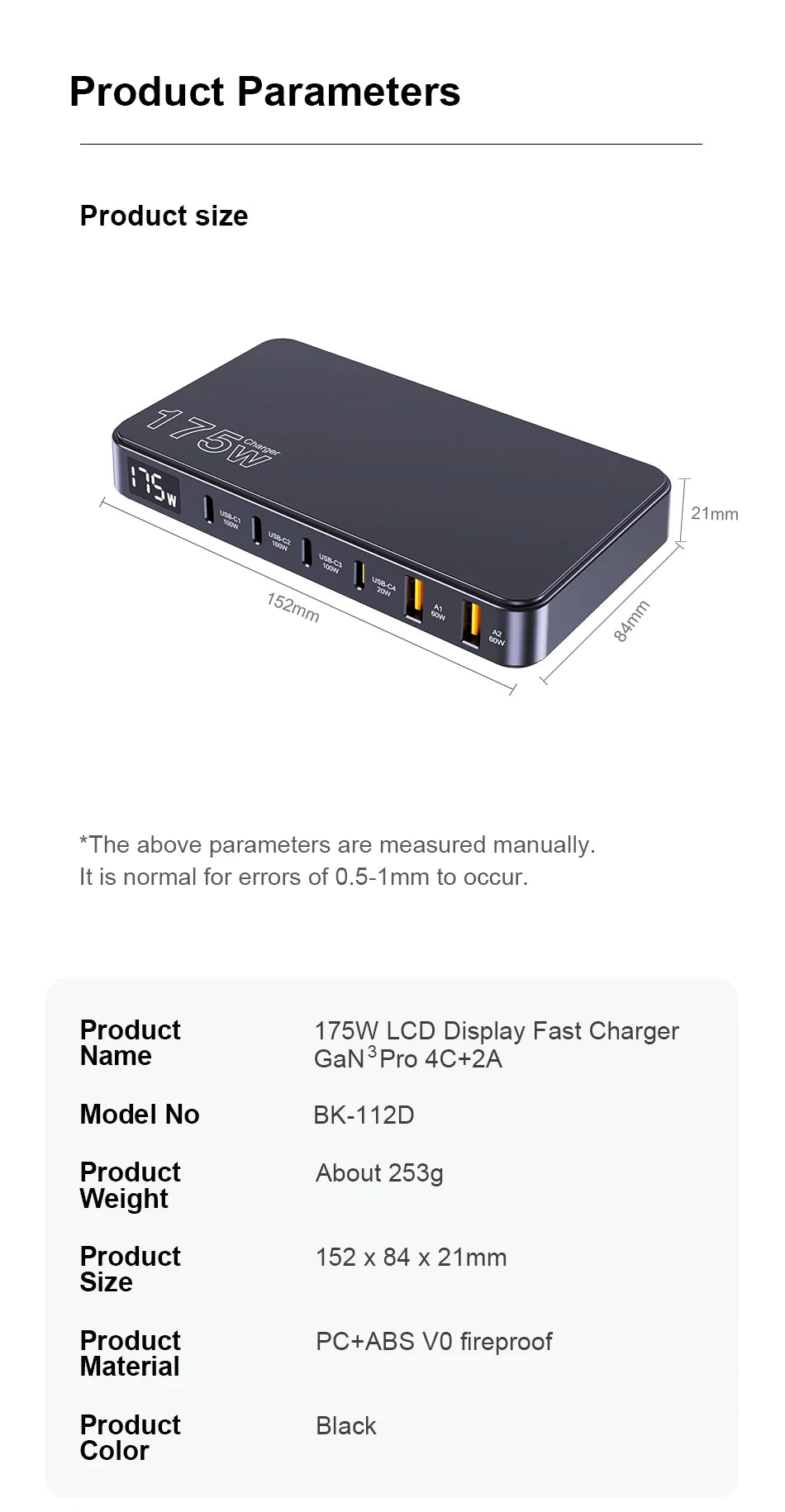 175W GaN USB-C Desktop Charger - 6-Port Fast Charging Station with LCD - 15