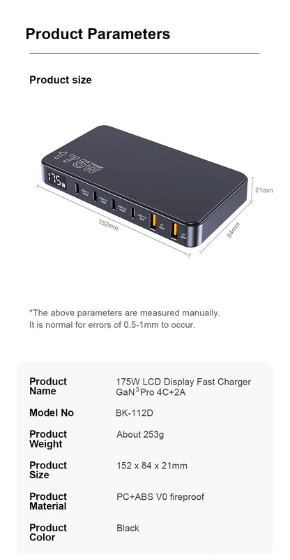 175W GaN USB-C Desktop Charger - 6-Port Fast Charging Station with LCD