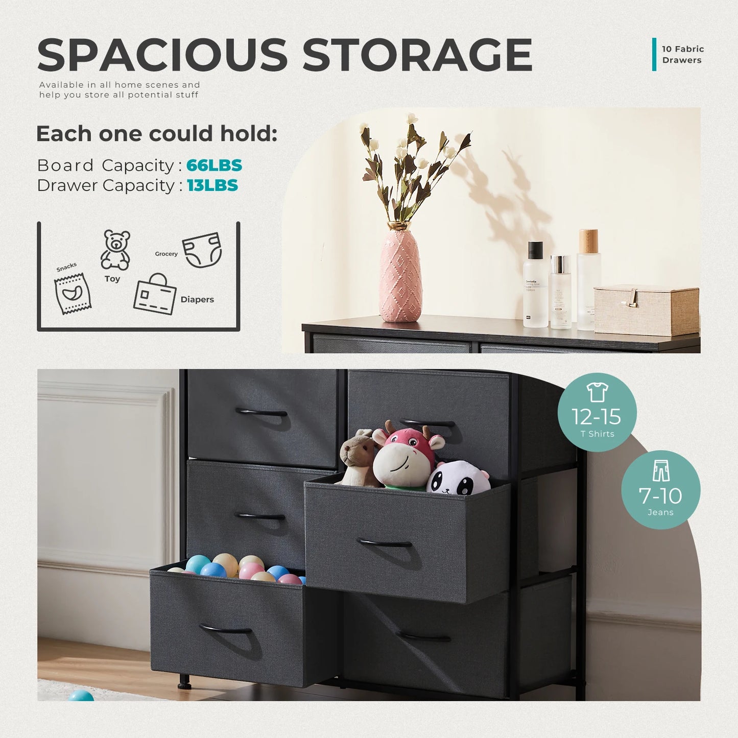 10-Drawer Fabric Dresser Organizer with Sturdy Steel Frame Storage Unit