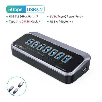 7-Port Powered USB 3.2 Hub with Fast Charging for Laptop & PC