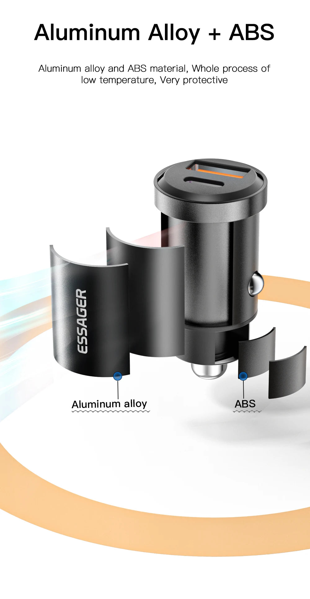 Essager 45W Fast Car Charger Dual Port USB-C & USB-A Adapter - 14
