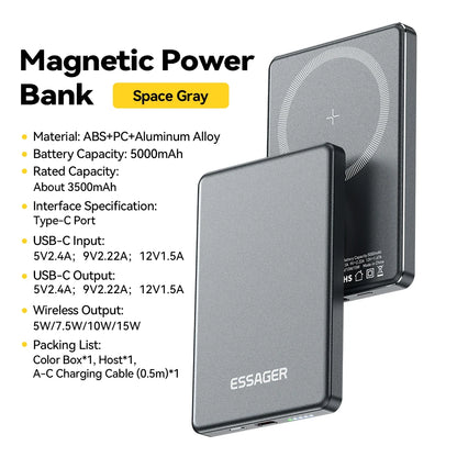 Slim Magnetic Wireless Power Bank 5000mAh for iPhone 16/15/14 Fast Charge