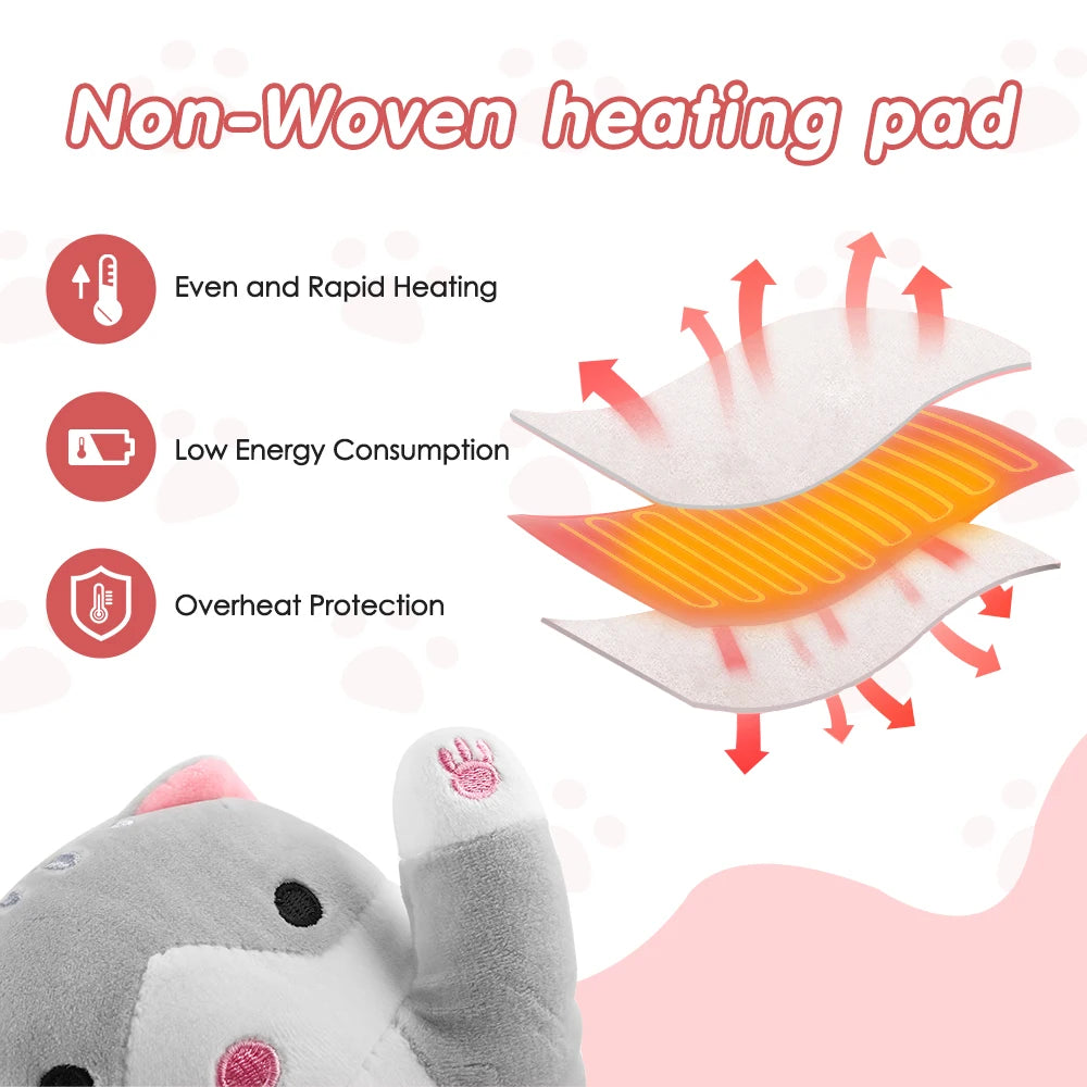 USB Heated Cat Plush Pillow - Adjustable Warming Cushion for Comfort and Pain Relief - 9