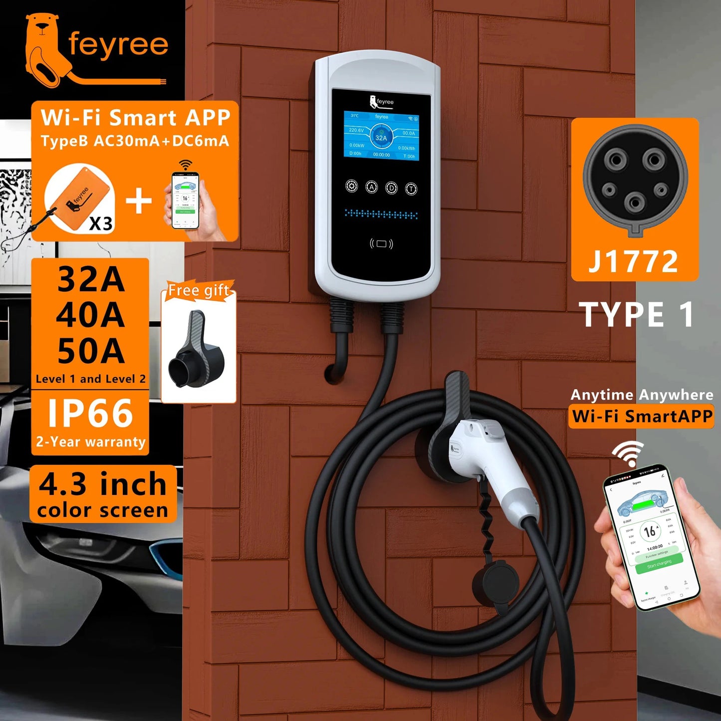 Smart EV Wallbox Charger - Type 1 Adjustable 32A-50A Station with Wi-Fi App