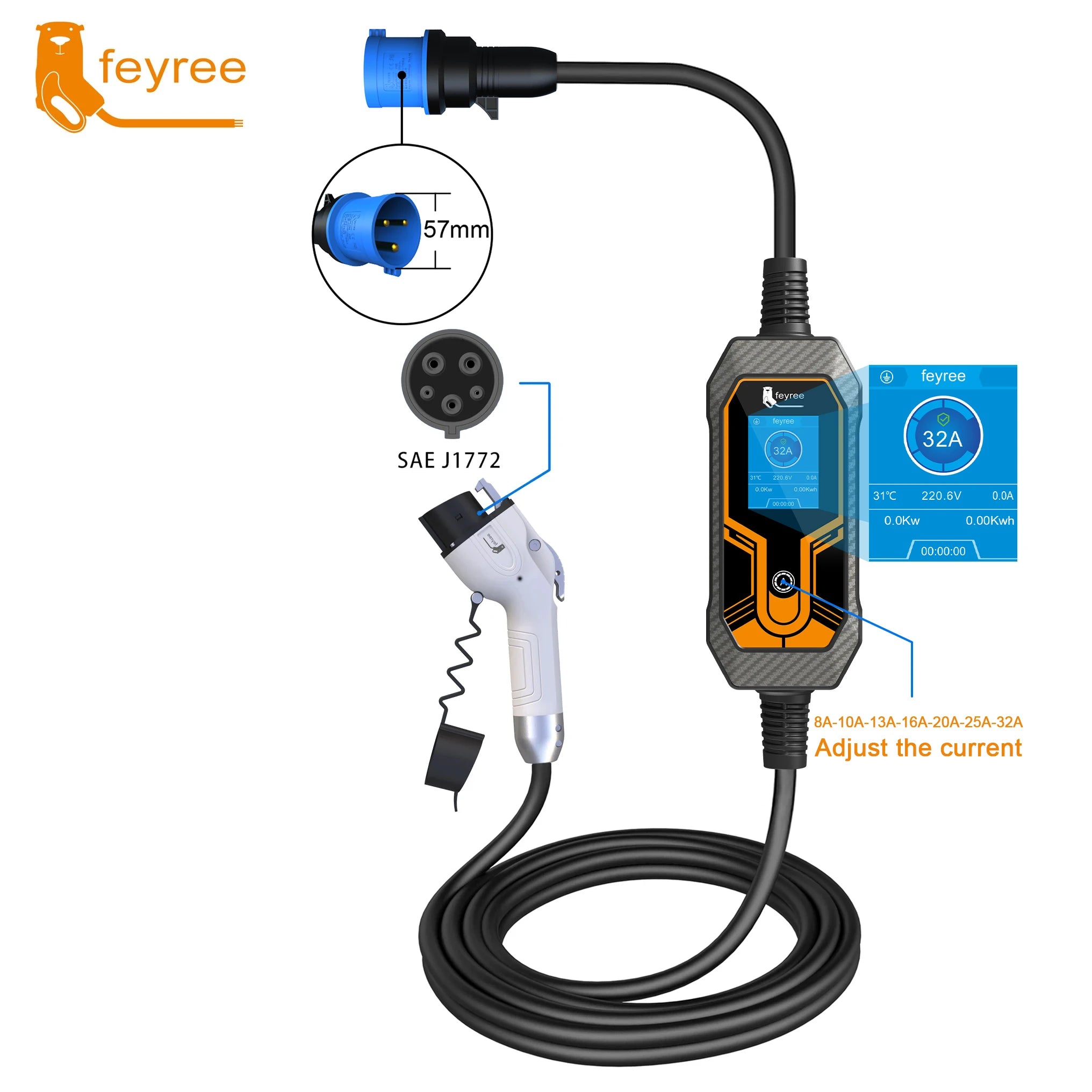 7KW Portable EV Charger Type 2 - Adjustable 32A Electric Vehicle Charging Box - 20