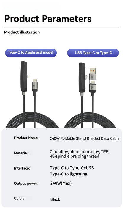 2-in-1 USB to Type-C 240W Fast Charging Cable with Foldable Phone Stand