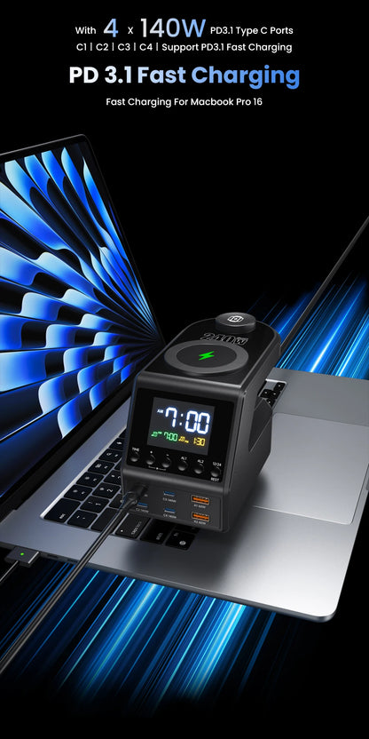 240W GaN Charging Station - 10-in-1 Fast USB-C Hub with Wireless & Alarm