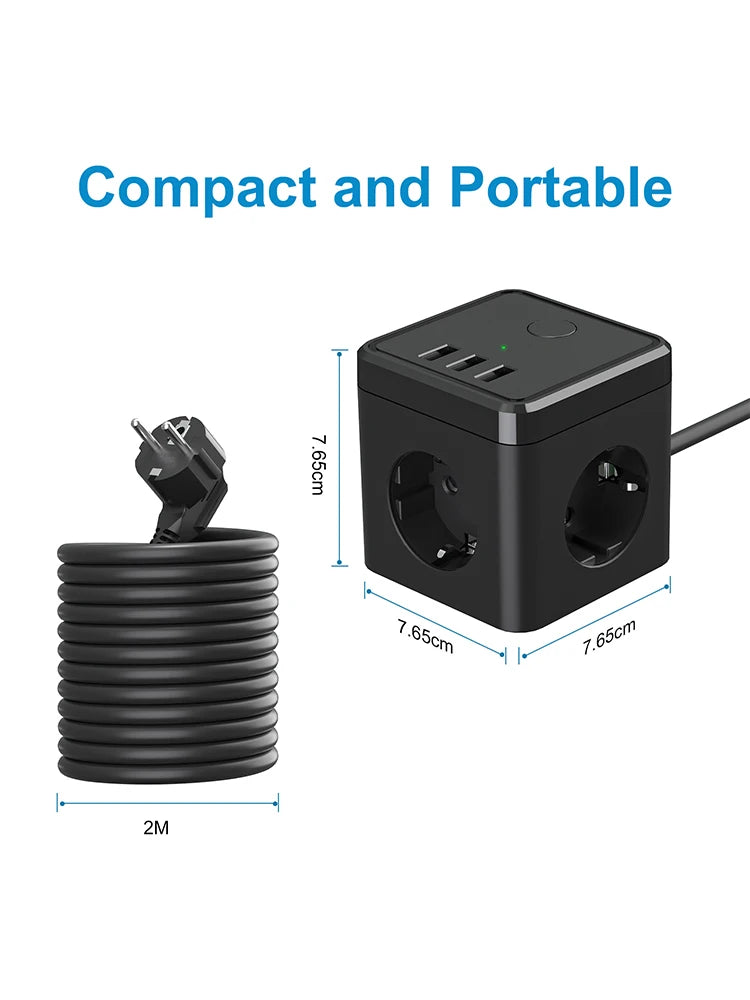6-in-1 Cube Power Strip with 3 USB Ports & 2m Extension Cord - EU Plug - 4