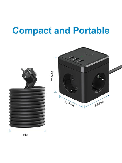 6-in-1 Cube Power Strip with 3 USB Ports & 2m Extension Cord - EU Plug