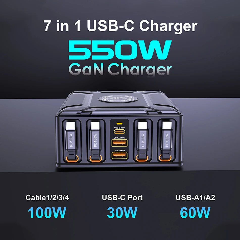 550W 7-in-1 GaN Fast Charging Station with 4 Built-in Retractable Cables - 7