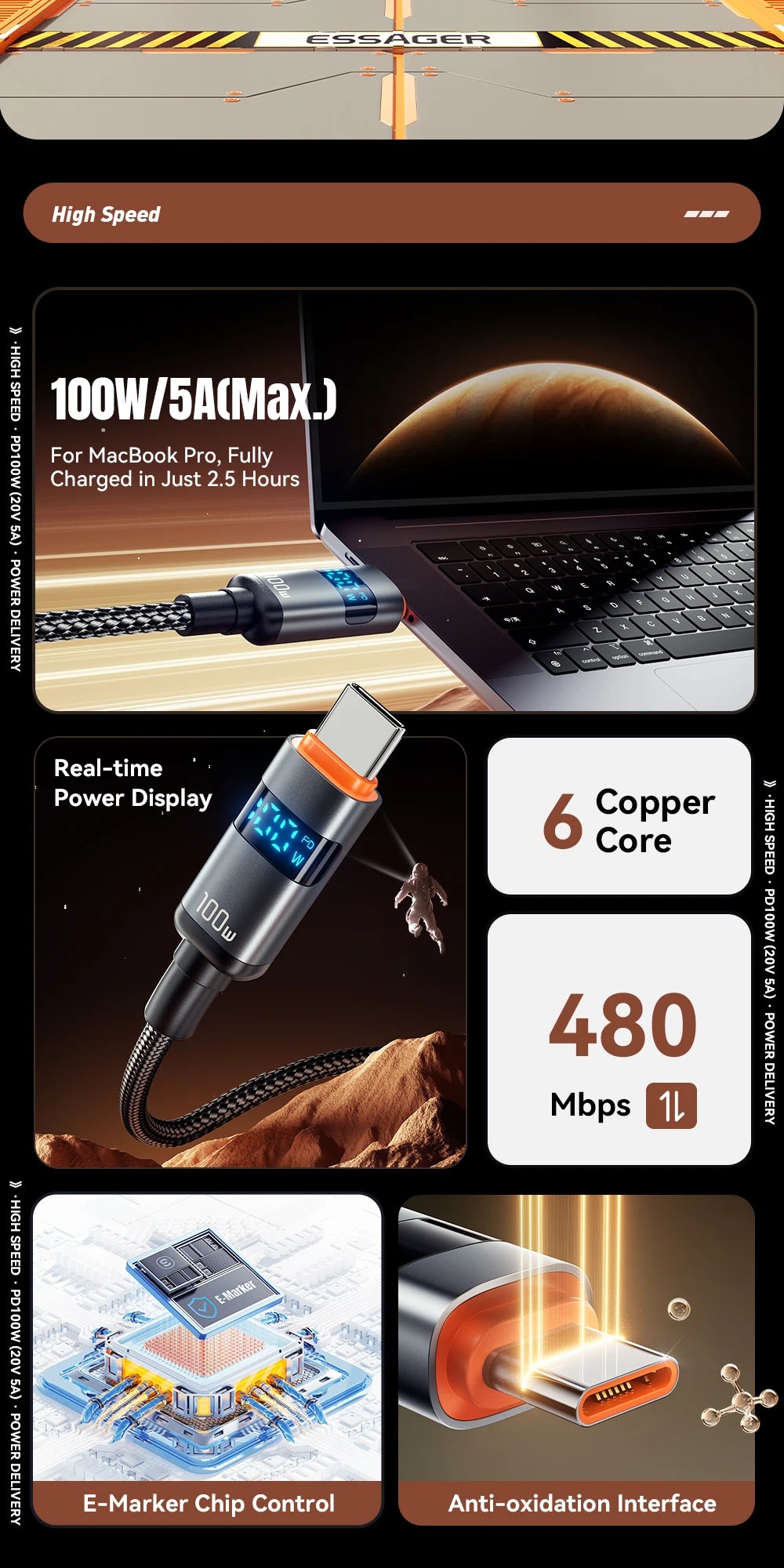 100W USB-C to USB-C Fast Charging Cable with LED Display - 8
