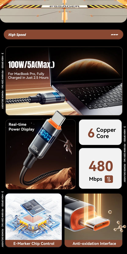 100W USB-C to USB-C Fast Charging Cable with LED Display