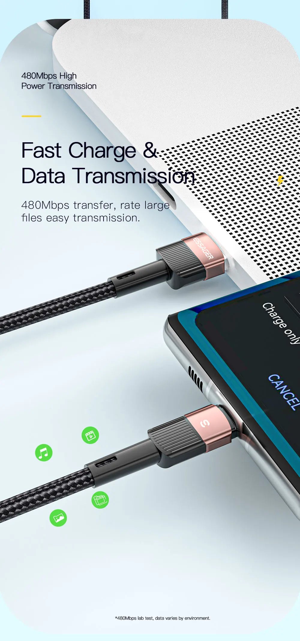 Essager 100W Fast Charging USB-C Cable - High-Speed Data Sync & Power