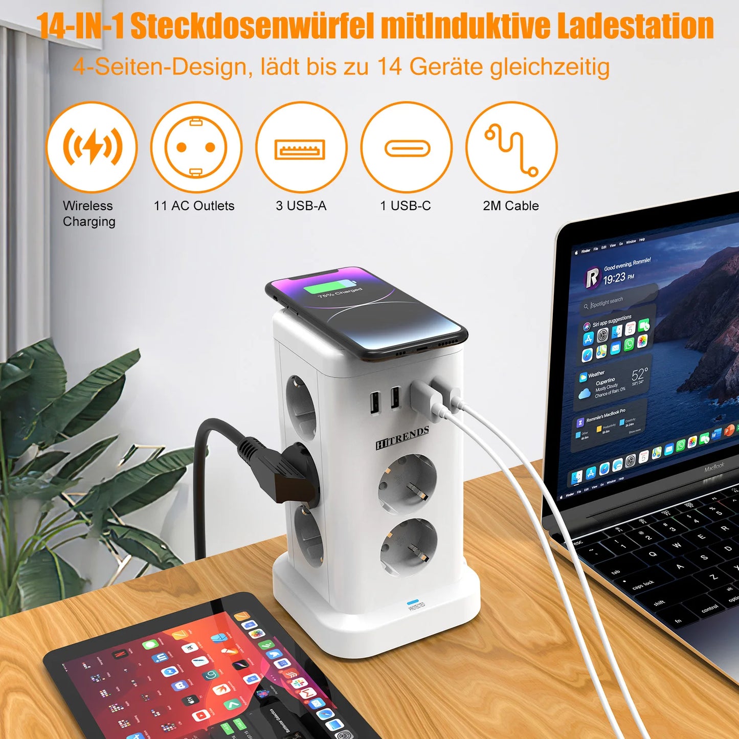 15-in-1 Vertical Power Strip Tower with USB-C & Wireless Charging