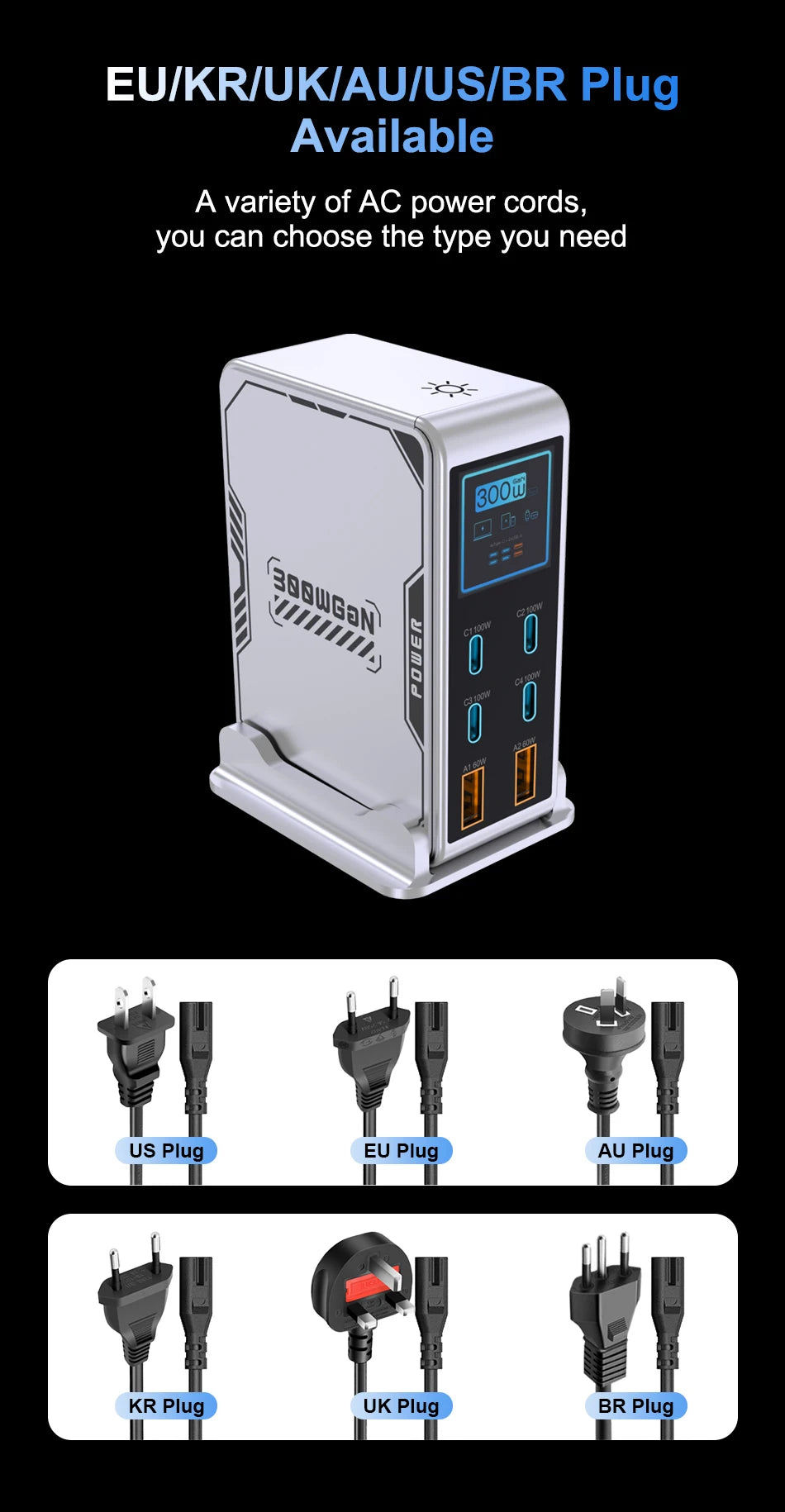 300W GaN 6-Port Fast Charging Station with Digital Display for All Devices