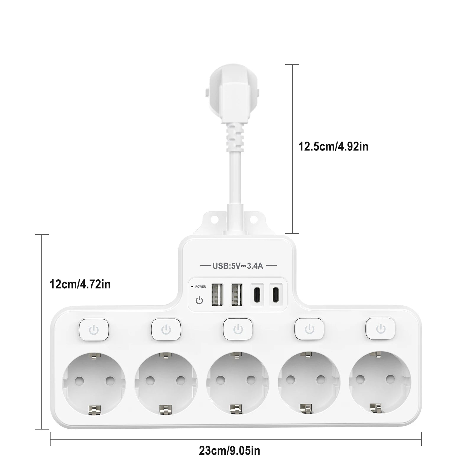 9-in-1 EU Power Strip: 5 AC Outlets & 4 USB Fast Charging Ports - 8