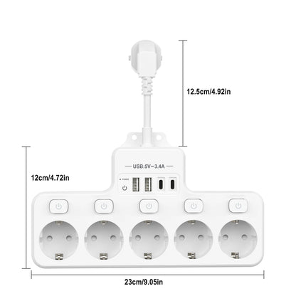 9-in-1 EU Power Strip: 5 AC Outlets & 4 USB Fast Charging Ports