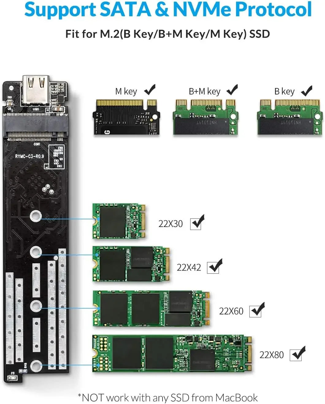 Orico M.2 NVMe SATA SSD Enclosure - 10Gbps Portable USB-C Adapter for 4TB - 5