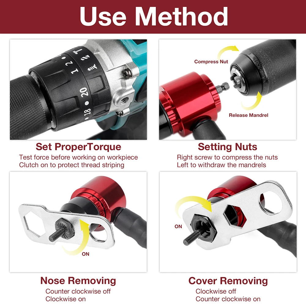 Electric Rivet Nut Gun Adapter for Drill - M3 M4 M5 M6 M8 Riveting Tool Kit