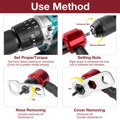 Electric Rivet Nut Gun Adapter for Drill - M3 M4 M5 M6 M8 Riveting Tool Kit
