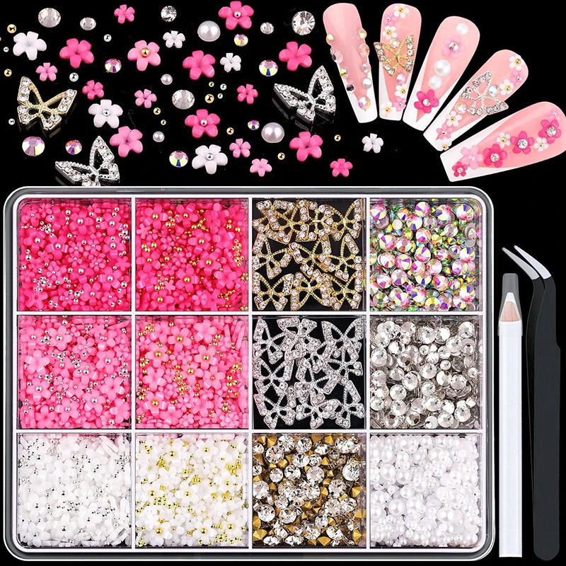 3D Mixed Nail Art Decoration Set - Acrylic Bows, Flowers & Pearl Charms - 16
