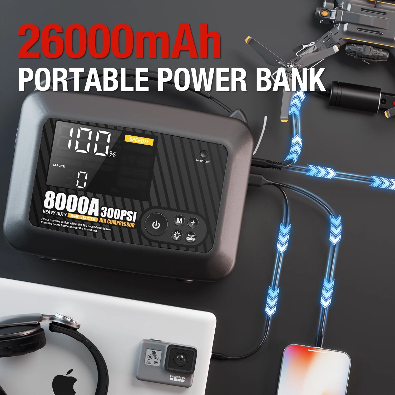 8000A Portable Car Jump Starter with Built-in Tire Air Compressor - 5