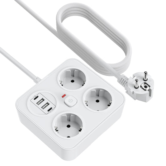 7-in-1 European Power Strip with 4 USB Ports & Surge Protection