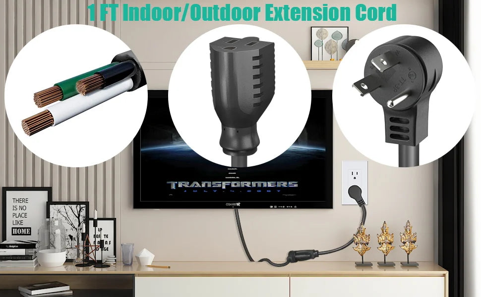 1ft Extension Cord - Low Profile Flat Plug 3-Prong Power Extension Cable - 7