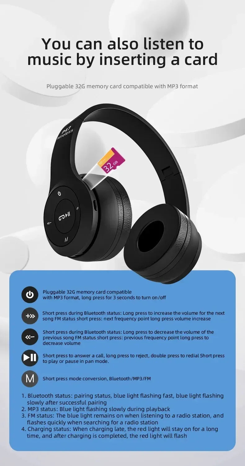 P47 Wireless Bluetooth 5.0 Foldable Stereo Gaming Headset