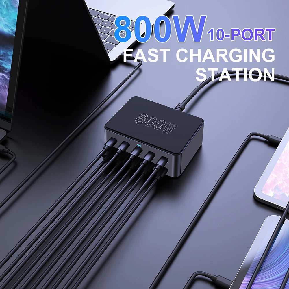 10-Port 800W GaN Desktop Fast Charging Station - 100W USB-C PD Charger - 3