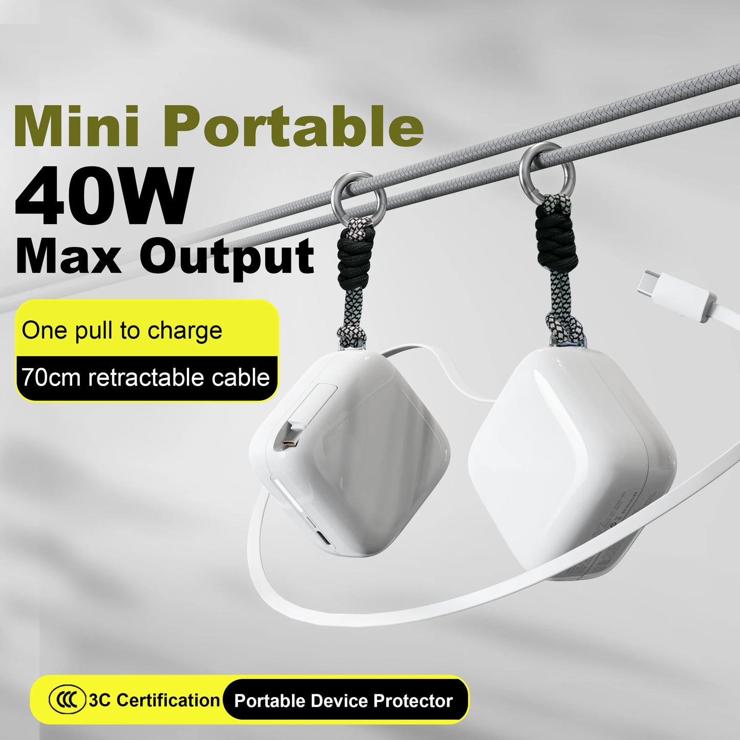 40W Fast Charging 10000mAh Power Bank with Built-in Retractable Cable