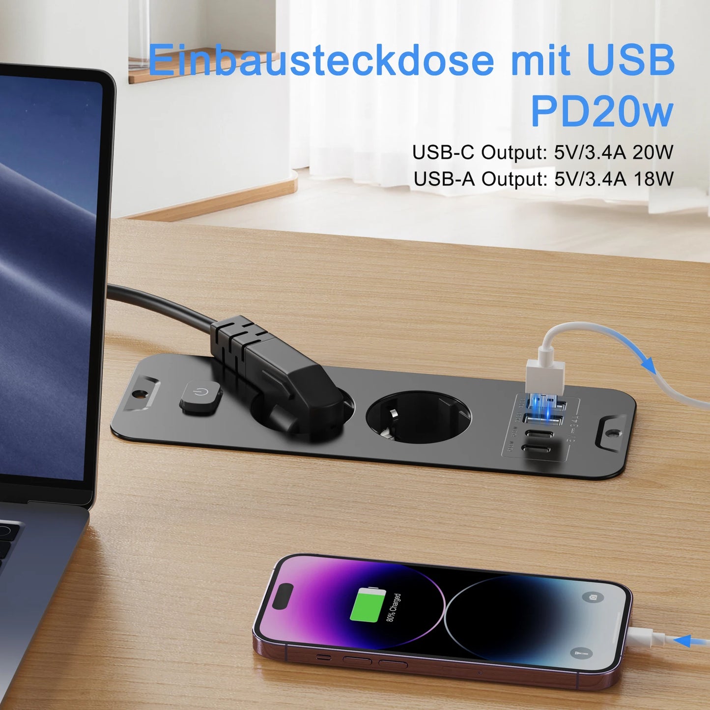 Desktop Recessed Power Strip - Built-in 3 AC Sockets, USB & PD 20W Type-C