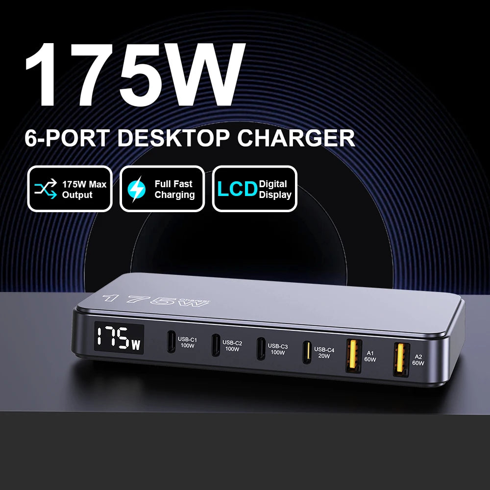 175W GaN Fast Charger with 6-Port Desktop Power Hub & LED Display