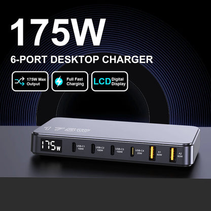 175W GaN Fast Charger with 6-Port Desktop Power Hub & LED Display