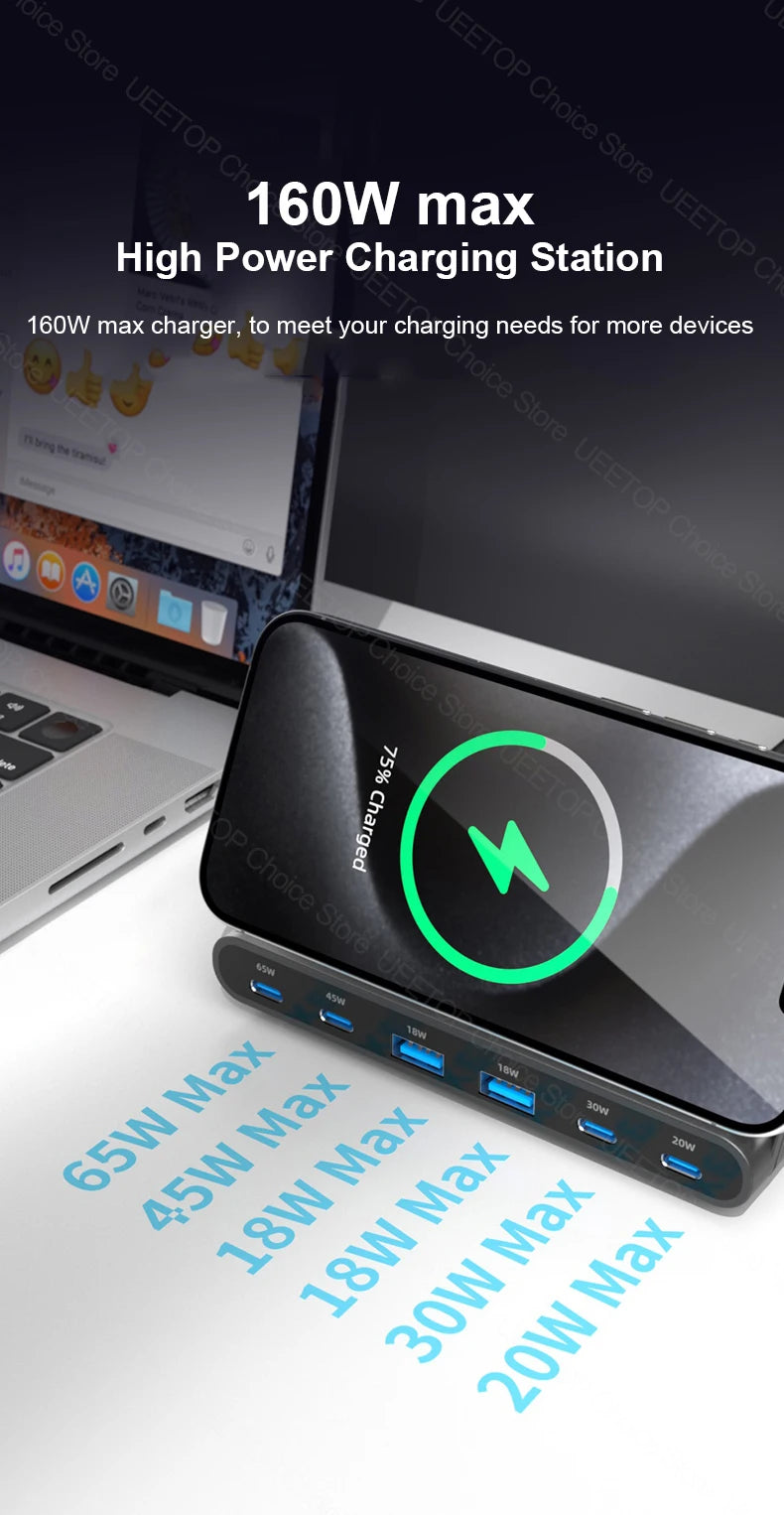 160W GaN Desktop USB Charging Station with 15W Wireless Charger