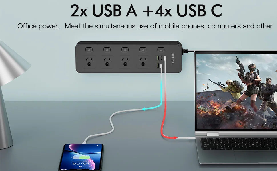 Australian Multi-Plug Power Board with 6 USB Fast Charging Ports & Switches - 8
